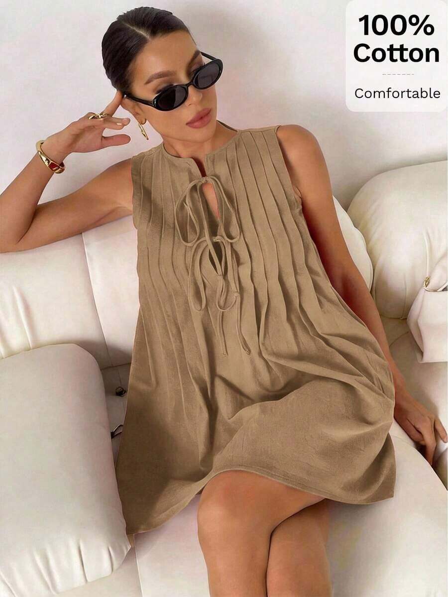 Vestido corto casual y sencillo sin mangas con lazo frontal de unicolor para mujer - Caqui - Ver 1
