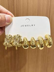6/18pcs Gold 3D Flower, Left-Right Flower, Spiral C, Smooth C-Shaped Design Vintage Elegant Daily Wear Earrings For Women - Gold - View 7