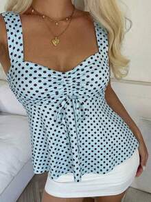 Nueva Colección Primavera/Verano 2026 para Mujer: Blusa/Top sin Mangas con Volantes y Cordón Ajustable, Estampado de Lunares Amarillo Buttercup y Marrón, Estilo Casual y Versátil, Top de Verano - Azul - Ver 6