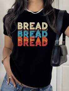 Colorful, Repeated Words Spelling BREAD In Warm And Cool Tones Evoke Optimistic Energy And A Love For The Everyday With An Urban Message On A Modern Casual Women's T-Shirt - 黑色 - 查看 8