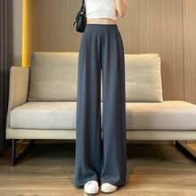 Pantalones de cintura alta de pierna ancha para mujer, holgados, casuales, de corte recto, largos hasta el tobillo, que estil... - Pantalón gris con bolsillos resistente a las bolitas. - Ver 4