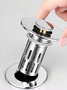 Upgraded 3-In-1 Bathroom Sink Drain, Universal Press-Down Pop-Up Stopper With Removable Stainless Steel Mesh Hair Catcher, Fits 1.1" To 2.36" Sinks, Brass Ball Core, Plated - Leak Plug - View 2