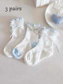 3 Pairs Summer Thin Breathable Mesh Socks For Girls, Light Blue Bow Lace Frill Trim Cute Princess Socks - Multicolor - View 8