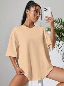 1 piezas de la camiseta de las mujeres, de moda fresco casual camiseta cuello de la tripulación con letras impresas, ropa de suéter de las mujeres para todas las estaciones (primavera, verano, otoño, invierno), traje para deportes / playa / calle / fiesta, como regalo para él / ella, amigos-180g y 100% algodón (S-3XL, Envío local) - Caqui 3 - Ver 5
