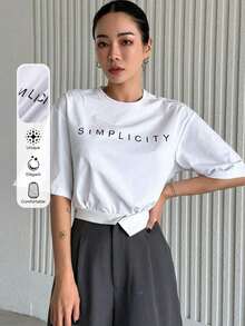 Camiseta de manga corta con cuello redondo y estampado de letras, corte holgado, estilo vintage de verano, unisex, de algodón suelto, estilo deportivo Y2K, 100% algodón, tejido suave, manga corta. 1 camiseta. - Blanco - Ver 4