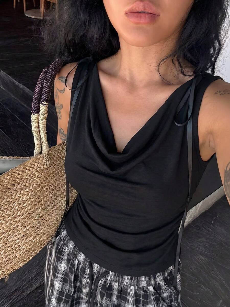 Blusa sin mangas de mujer EARO, de tela elástica negra de longitud regular, con cuello drapeado, de moda versátil y elegante para el verano - Negro - Ver 1