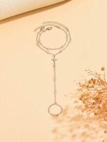 2pcs/Set Silver Elegant Versatile Transparent Crystal Beaded Chain Linked Octagonal Star Finger Hand Chain Jewelry, Suitable For Daily Wear And Party - Multicolor - View 2