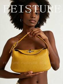 1 buah Tas Selempang Wanita Kulit PU Warna Polos, Tas Tangan Matte dengan Tali yang Dapat Diatur, Cocok untuk Bepergian - Kuning - View 7