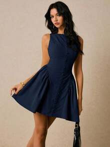 Vestido mini sin mangas con diseño de botones y volantes en el bajo, de unicolor para mujer - Azul marino - Ver 4
