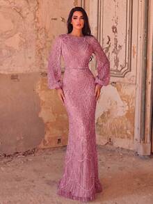 Faeriesty Đầm dạ hội dài tay dáng đuôi cá đính sequin thanh lịch dành cho nữ - Thêu đính pha lê tinh tế, chi tiết lấp lánh, dáng xòe ôm sát, phù hợp cho các sự kiện thảm đỏ, đám cưới sang trọng, dạ hội trang trọng và các buổi trình diễn thời trang mùa xuân. - Bụi hồng - Xem 1