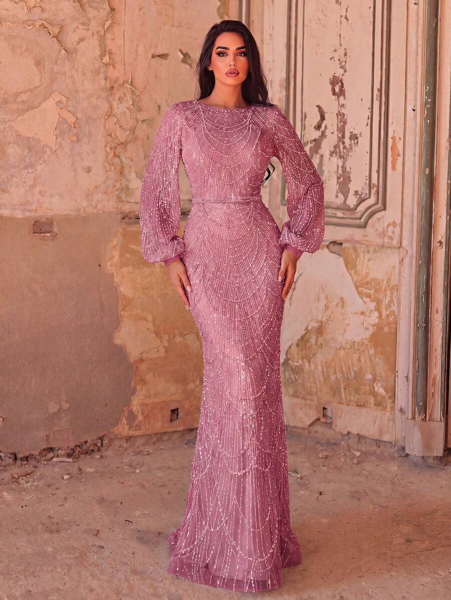Faeriesty Đầm dạ hội dài tay dáng đuôi cá đính sequin thanh lịch dành cho nữ - Thêu đính pha lê tinh tế, chi tiết lấp lánh, dáng xòe ôm sát, phù hợp cho các sự kiện thảm đỏ, đám cưới sang trọng, dạ hội trang trọng và các buổi trình diễn thời trang mùa xuân. - Bụi hồng - Xem 1