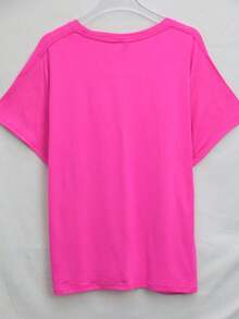 Camiseta de manga corta para mujer , de cuello redondo y a la moda, con detalles exquisitos y un hermoso logotipo "K". Fabricada con un cómodo tejido de cuello redondo, es adecuada para el uso diario en primavera y verano, ideal para el ocio diario. - Rosa Fucsia - Ver 3