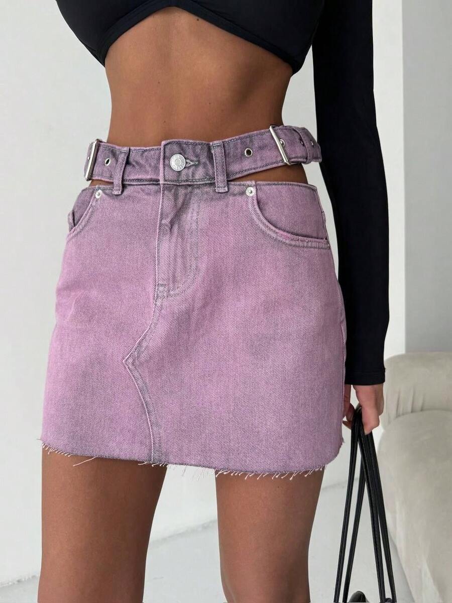 SQUALO Light Blue Slit Denim Midi Skirt - 100% Cotton - Watermelon Pink - View 1
