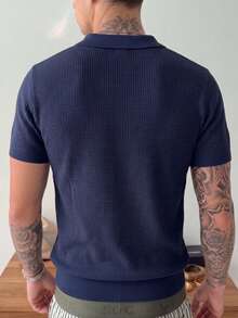 Men's Solid Color Waffle Knit Polo Shirt, Short Sleeve, Casual Top, Thin - Navy Blue - View 8