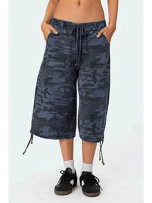 Nueva moda mujer verano pantalones cortos Cargo Casual estampado de camuflaje pantalones cortos sueltos con cordón para Club ropa de calle S-XL - A - Ver 2