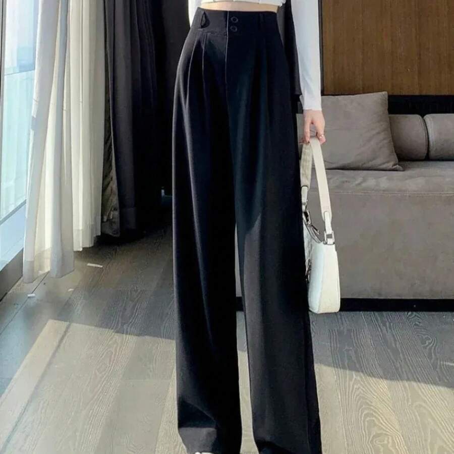 Pantalones de pierna ancha elegantes para mujer, pantalones holgados negros de cintura alta de estilo coreano, pantalones de traje holgados a la moda para oficina, ropa de calle - Negro - Ver 1