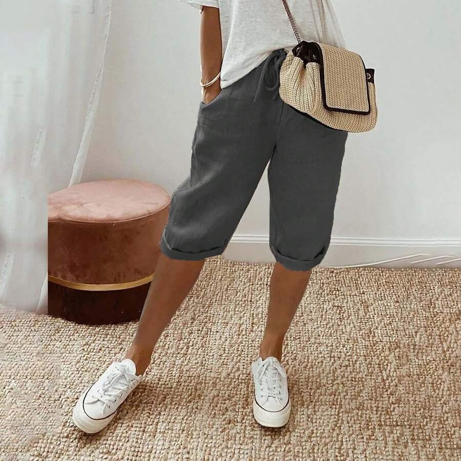 Pantalones cortos a rayas de contraste para mujer, pantalones hasta la rodilla con bolsillos, cintura elástica, cordón, transpirables, sueltos - Gris Oscuro - Ver 1