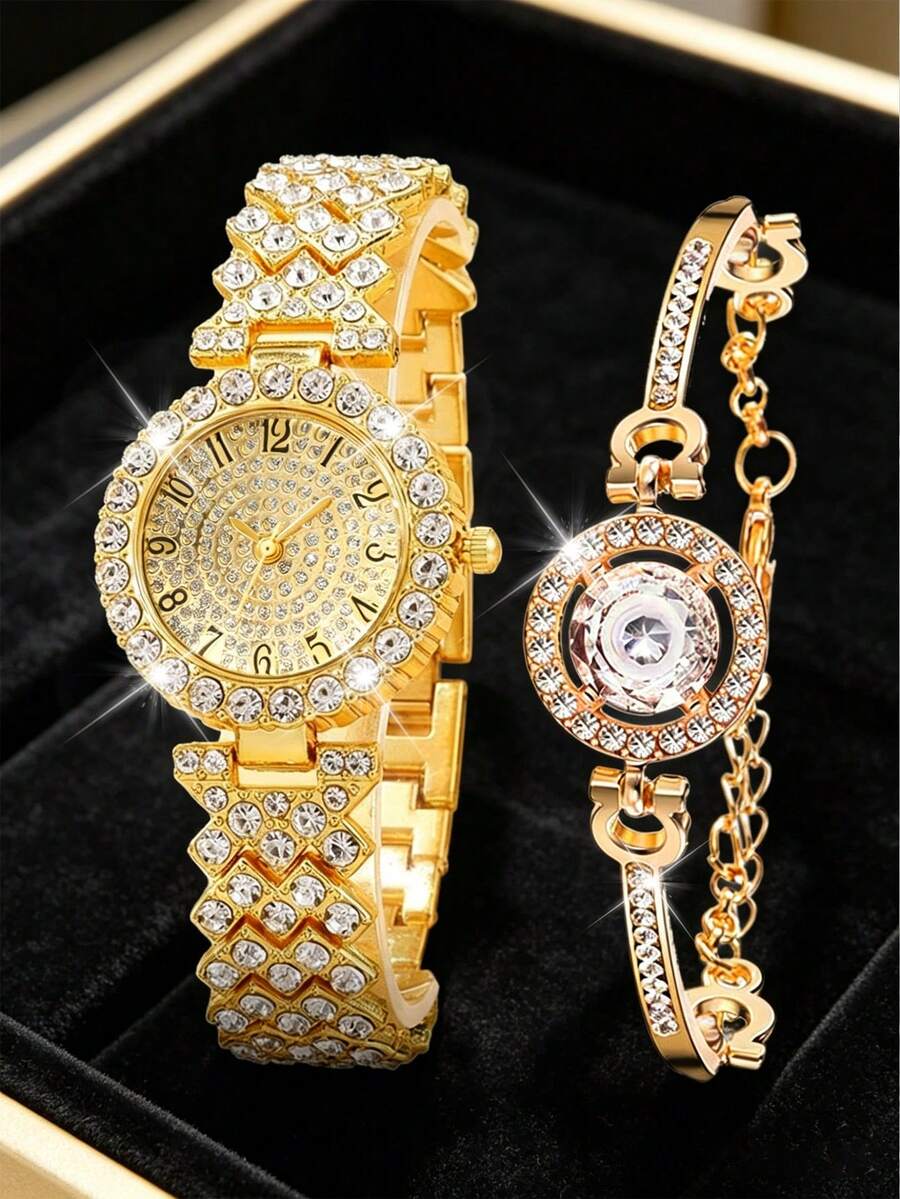 2pcs Fashion Rhinestone Stainless Steel Quartz Watch & Bracelet Set For Women - Gold - View 1