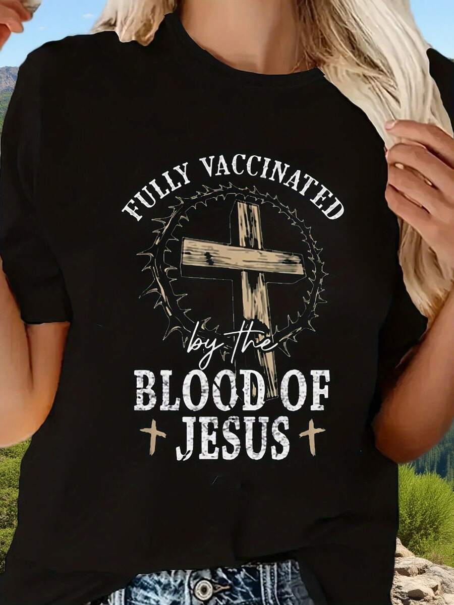 Women's Crew Neck T-Shirt With A Funny "Blood Of Jesus Fully Vaccinated" Print - Short-Sleeved Graphic T-Shirt, Loose And Relaxed Fit - For Women - Suitable For Casual Wear - Perfect Gift For Humor Lovers - Women's Summer Outfit - Black - View 1