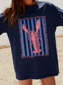 Graphic Women T‑Shirts,Women'S Pink Lobster And Blue Striped T-Shirt | White Casual Summer Beach Wear, Vertical Stripes And Wave Print, Pink Lobster D - 藏蓝色 - 查看 1