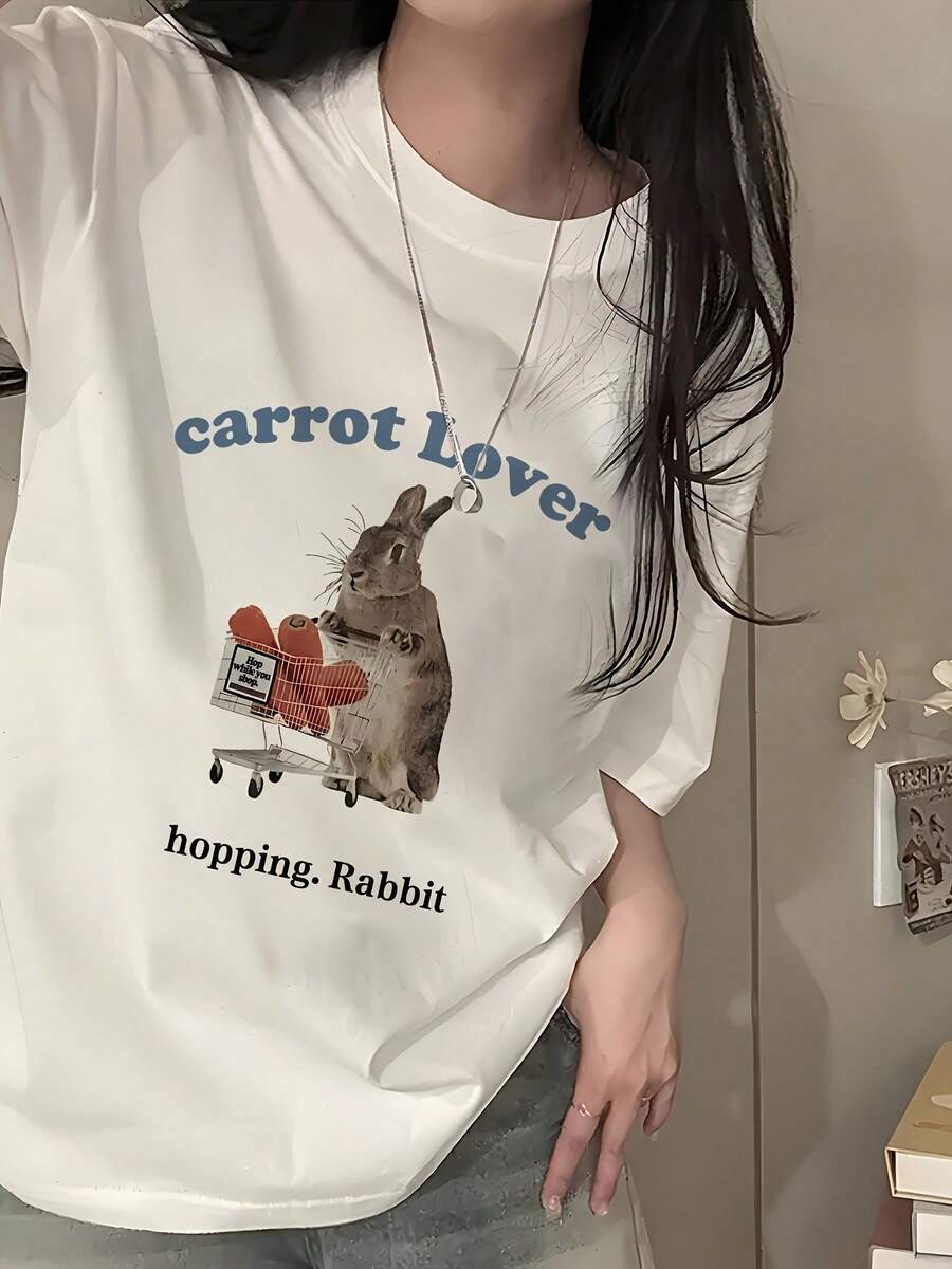 Camiseta de Manga Corta con Estampado de Conejo y Letras Azules Estilo Y2K, Nueva Moda de Verano para Mujer, Versátil, Holgada, Cuello Redondo, Top Y2K de Algodón Puro - Blanco - Ver 1