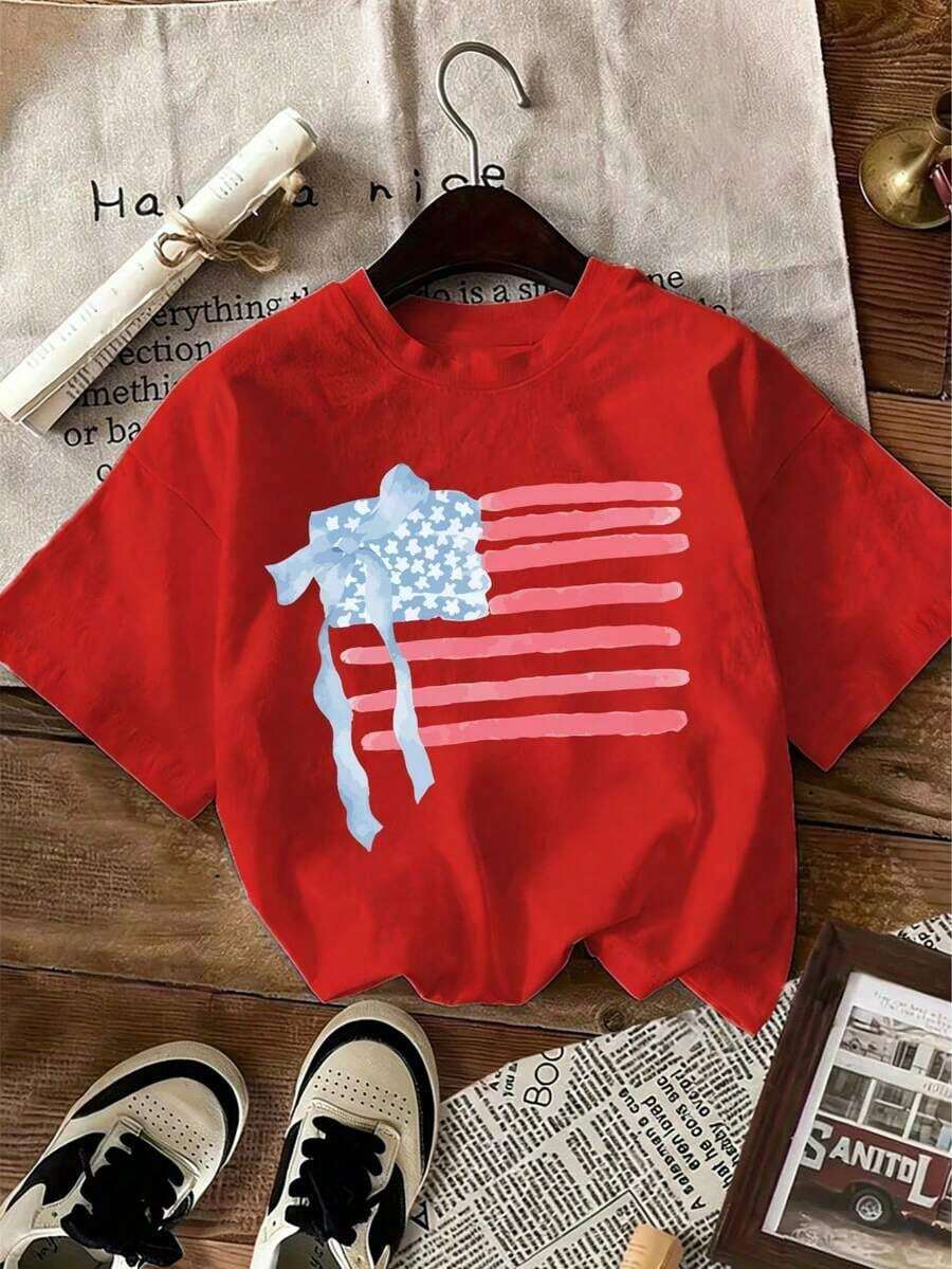 1 Pack Of Printed Short Sleeve Crew Neck T-Shirts For Girls, Casual Summer Clothes For Students And Young People - Unisex Urban Vintage Style, Loose Fit Cotton Crew Neck Short Sleeve T-Shirt - 紅色 - 查看 1