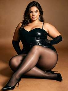 1 Par de Meias-Calça Pretas Brilhantes e Glossy Plus Size, Sexy, Fofa, Elegante e Fashion, Adequada para Uso Diário, Encontros, Primavera/Outono, Festas - Multicolorido - Visão 7