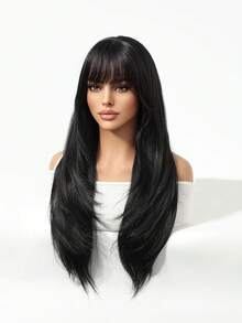 26 Inch Black Straight Wig With Bangs, Natural Looking Synthetic Hair Wig For Daily Wear, Party And Halloween - màu đen - Xem 5