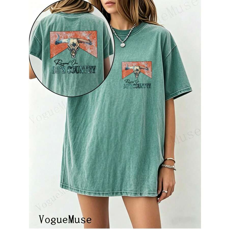 Unisex Washed Distressed T-Shirt Cotton Blend Casual Oversized Tee. Women'S Vintage 192s Retro Skull & 9'S Country Graphic T-Shirt - Double-Sided - 薄荷藍 - 查看 1