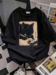 Short-Sleeved, Crew-Neck T-Shirt With A Sushi-Eating Cat Print. Loose Fit And Plus Size, Suitable For Everyday Wear, Going Out, Parties, School, Music Festivals, Vacations, And Commuting. Makes A Great Gift For Family, Boyfriends, Girlfriends, Or Friends. Summer Wear For Girls. Black. - 黑色 - 查看 8