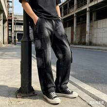 Spring And Summer Men's Cargo Pants, Washed Gray Denim, Streetwear Style, With 8 Large Pockets, Elastic Waistband, Sizes S To XL - 黑色 - 查看 1