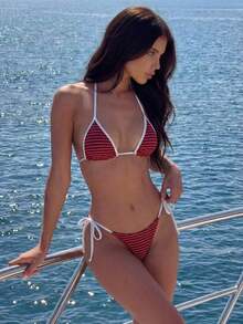 Swim Vcay Nuevo conjunto de traje de baño de mujer de 3 piezas con estilo de rayas de punto texturizado de alta corte con lazos laterales, copa triangular y control de abdomen, con estampado retro de monedas y decoración de estrella de mar de metal en estilo de playa y océano - Multicolor 8 - Ver 8