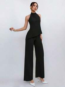 Conjunto de top halter y pantalones de color café claro, estilo sencillo para ir al trabajo - Negro - Ver 4