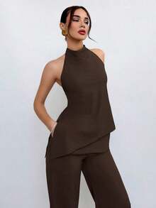 Conjunto de top halter y pantalones de color café claro, estilo sencillo para ir al trabajo - Marrón - Ver 1