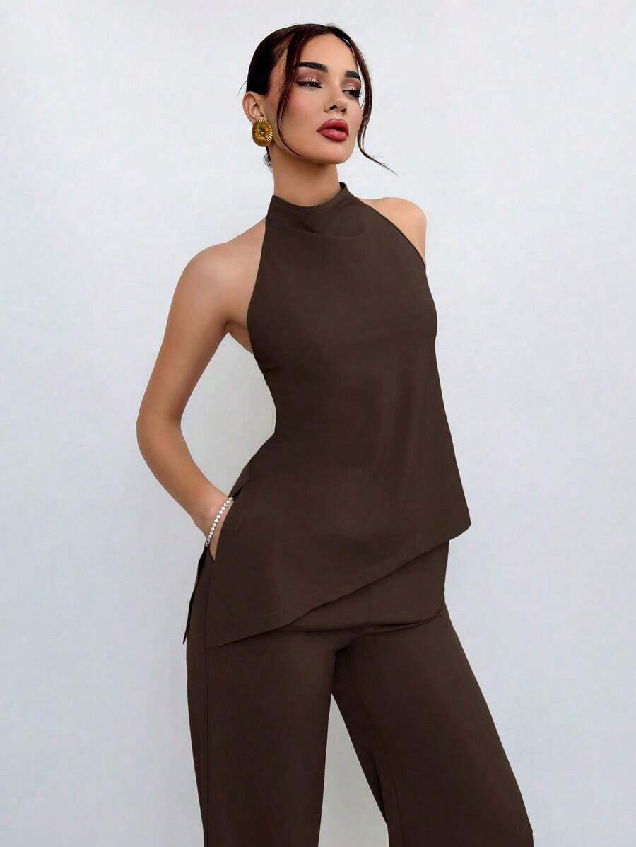 Conjunto de top halter y pantalones de color café claro, estilo sencillo para ir al trabajo - Marrón - Ver 1