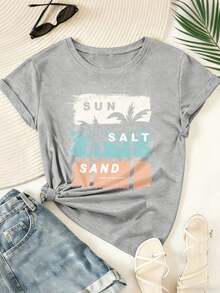 Camiseta de mujer de manga corta con cuello redondo, estampado de letras y palmeras, para el verano, parte superior gráfica casual - Gris Claro - Ver 1
