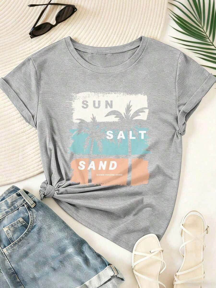 Camiseta de mujer de manga corta con cuello redondo, estampado de letras y palmeras, para el verano, parte superior gráfica casual - Gris Claro - Ver 1