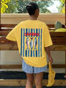 Muchic Women's Loose-Fit Raglan Sleeve T-Shirt With Striped And Letter Print, Pastel Colors, Perfect For Summer Beach Holidays, Graduation Trips, Beach Parties, And Music Festivals - Kuning - View 1