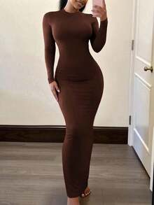 Vestido de mujer de manga corta ajustado de unicolor para uso diario en verano - Café 2 - Ver 1