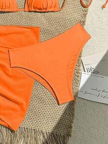 Conjunto de 3 piezas de traje de baño de bikini de unicolor y estilo sexy de halter para mujeres, conjunto de traje de baño, para vacaciones de verano en la playa - Naranja - Ver 5