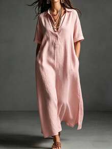 Women's Casual Blue Linen Drop Shoulder Shirt Dress, Short Sleeve Long Slit Hem Midi Dress, Comfortable Oversized Bohemian Style - 藏青色 - 查看 7