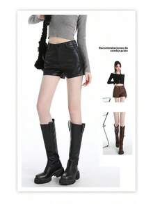 Pantalones Cortos de Cuero PU Marrón para Mujer, Corte Recto, Sexy, Novedad Invierno 2025, Estilo Puro Deseo, Ajustados, Tipo... - Color café - Ver 3