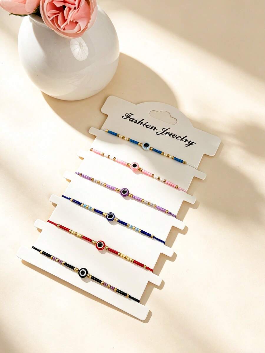 6 piezas Pulsera de cuentas de ojo malvado, pulsera de cuerda ajustable hecha a mano, joyería bohemia de colores para protección, opciones de multicolor, diseño minimalista apilable, accesorio espiritual diario - Multicolor - Ver 1