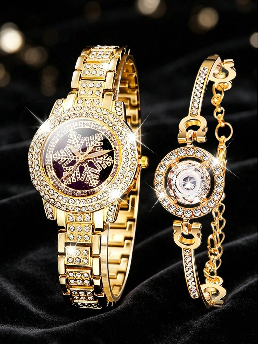 2pcs Fashion Rhinestone Stainless Steel Quartz Watch & Bracelet Set For Women - Gold - View 1