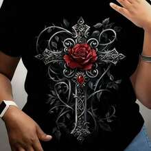 Camiseta de manga corta para mujer con estampado digital, estilo artístico, diseño "Cruz de Rosas Oscuras", chaqueta gótica retro, camiseta casual de cuello redondo para mujer, la imagen muestra la representación de la cruz con rosas rojas. Día de la Tierra, Resistente a la decoloración, Absorbe la humedad, Actividades al aire libre, Estilo casual urbano - Negro - Ver 7