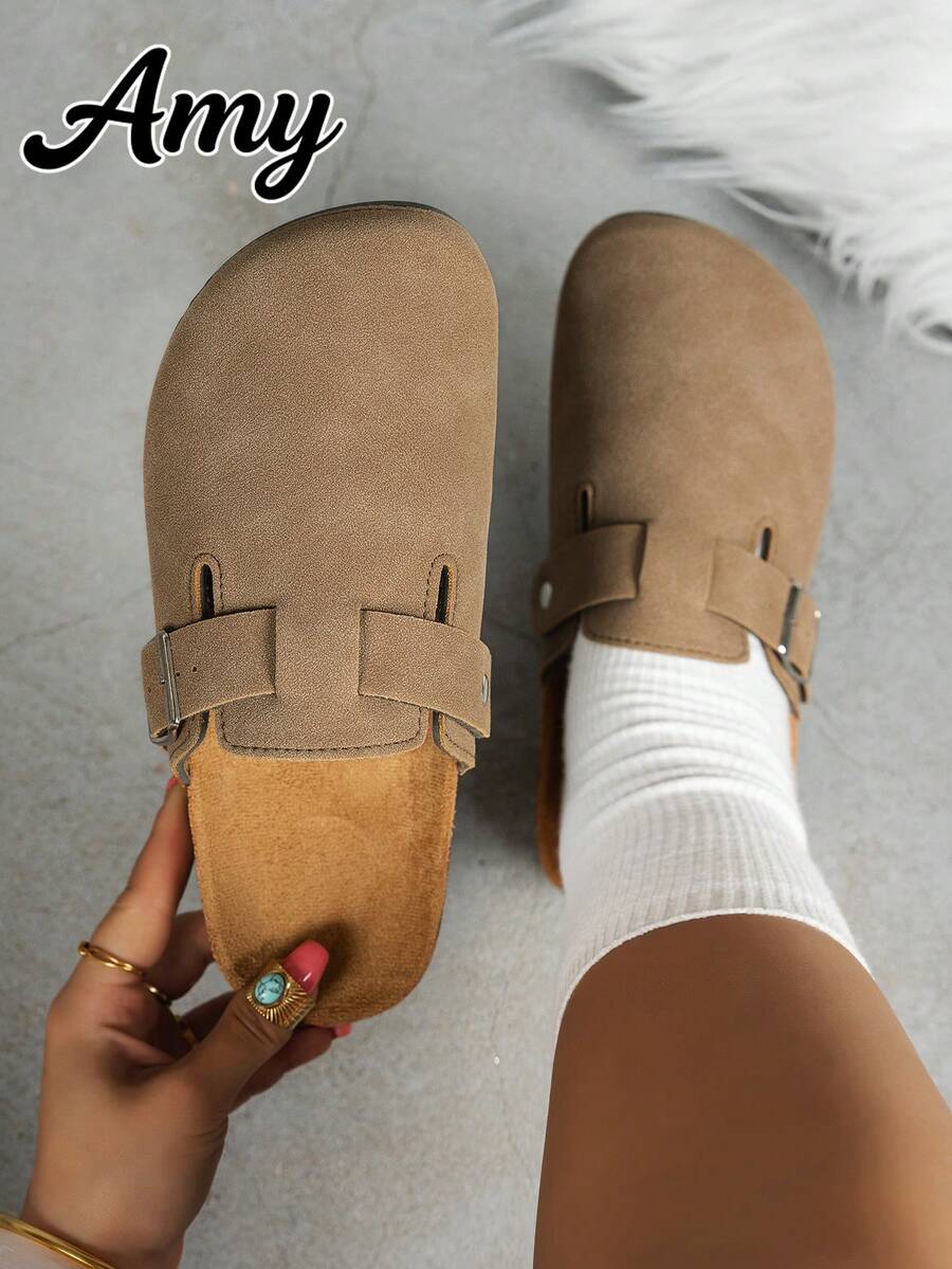 Wide Fit Women Casual Solid Color Suede Slip-On Mule Slippers