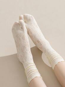 1/3 Pairs Of White Hollow Lace Socks, Spring And Summer Thin Two Toe Socks, Split Toe Socks, Women's Mid Leg Socks, Straight Leg Socks, - Multicolor - View 10