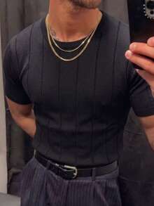 Men's Ribbed Crew Neck Short Sleeve Knit Sweater, Spring/Summer - Black - View 3