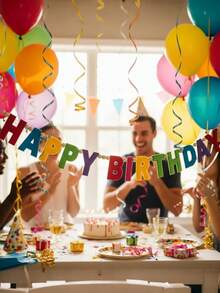 一套预组装生日庆祝横幅，毛毡球生日花环，生日字母旗，生日快乐横幅，适用于派对装饰和拍照道具，生日派对装饰，房间装饰，生日派对拍照配件 - 生日 - 查看 6