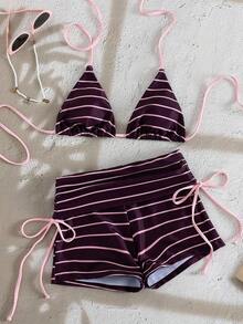 Conjunto de 2 piezas para mujer 2026, nuevo conjunto de top halter sin espalda con estampado aleatorio de rayas y shorts con lazo lateral para primavera/verano, elegante y sexy conjunto de bikini de moda para playa y resort - Multicolor - Ver 1